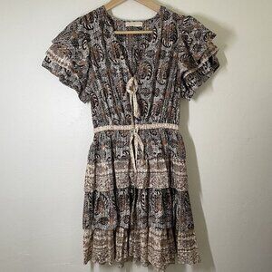 Ulla Johnson Brown Cream Black Paisley Tiered Mini Dress with Lace Trim